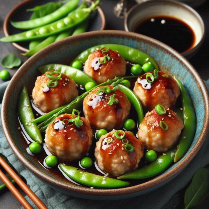 Pork Shumai Meatballs With Ponzu Sauce and Snap Peas